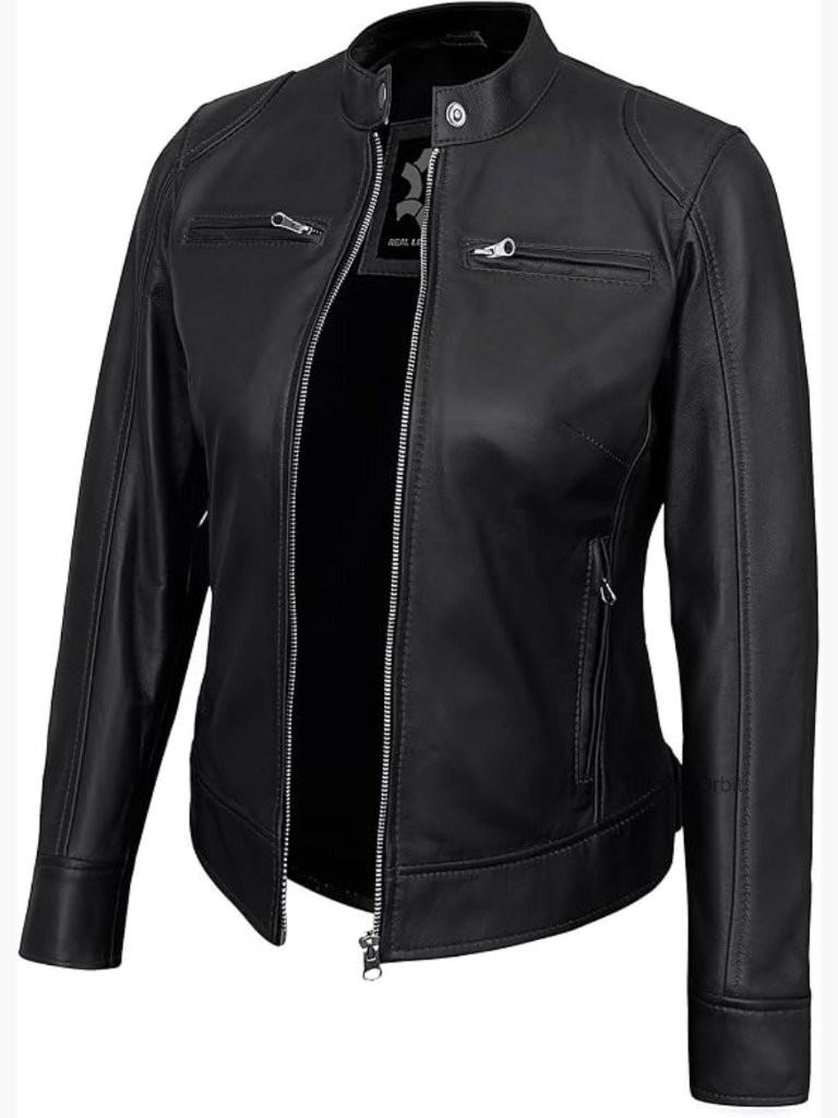Women's Real Lambskin Leather Motorcycle Jacket Cafe Racer Style